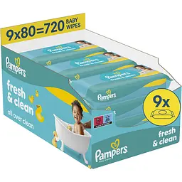 Набір дитячі вологі серветки Pampers Fresh Clean 720 шт. (9 упаковок x 80 шт.)