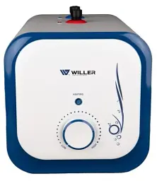 Водонагрівач Willer PU07RF Cubus, White/Blue, 1500W, 7л, мокрий ТЕН, горизонтальний, механічне керування, під мийкою, прямокутний, подача води зверху, зовнішній терморегулятор, В, 25.1x25.1х38.6см