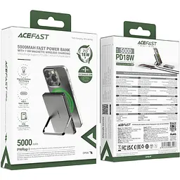 Універсальна мобільна батарея Acefast Magnetic Wireless 5000mAh 18W PD,QC3.0 USB-C In/Out,with holder, ультра тонкий M16 Чорний - мініатюра 5