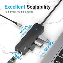 Хаб USB 3.1 Type-C -> 3xUSB 2.0/MicroUSB/RJ45 100Mb Ethernet Black Vention - мініатюра 3