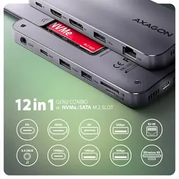 Концентратор AXAGON USB-C 12-in-1 HDMI + DisplayPort + RJ45 1000Mbps + PD100W aluminum gray (HMC-12GM2) - мініатюра 3