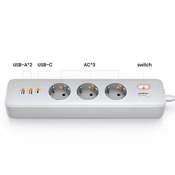 Подовжувач-зарядний пристрій Ugreen CD286 30W 3 AC Power Strip with Master Switch (25357) - мініатюра 2