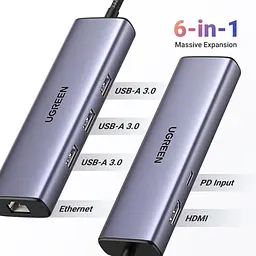 Концентратор Ugreen USB-C 6-in-1 3xUSB 3.0 + HDMI 4K@30Hz + RJ45 1000Mbps + PD silver (15598) - мініатюра 3