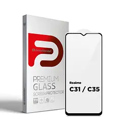 Захисне скло для Realme C35/C31, Full Glue, 2.5D, на весь екран, глянцеве, загартоване 9H, повне проклеювання по всій поверхні, з чорною рамкою, протиударне, ArmorStandart (ARM62692)