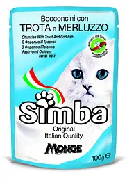 М'ясні шматочки в соусі Monge Simba Cat Wet для кішок форель та тріска (пауч) 100 гр