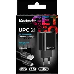 Зарядний пристрій 2xUSB 12W 2.1A UPC-21 +кабель microUSB, чорний Defender (83581)