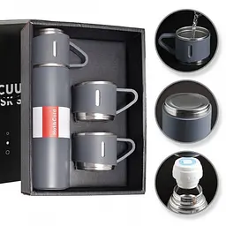Подарунковий набір Vacuum Flask SET вакуумний термос із неіржавкої сталі 3 чашки Сірий