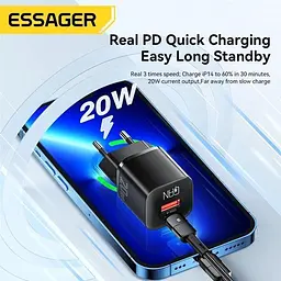 Зарядний пристрій Essager Camber 20W GaN Travel Phone Charger USB A + Type C EU Black (ECTAC-HMB01-P) - мініатюра 4