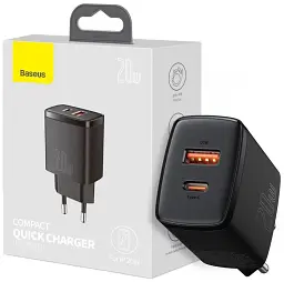 Компактний швидкий зарядний пристрій Baseus 20 W 2 порти (1Type-C + 1 USB) чорний CCXJ-B01 - мініатюра 6