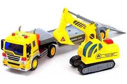 Вантажівка евакуатор з екскаватором WenYi інерційна іграшка 1:16 зі світловими та звуковими ефектами