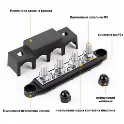 Розподільний блок з шиною Bus Bar з 4-ма шпильками М8 для з'єднання кабелів 12-48V DC, до 250A (червоний) (101170) - мініатюра 4