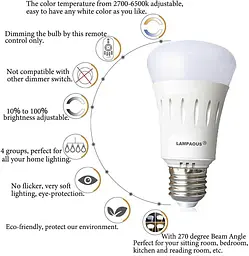 Лампочка LAMPAOUS White Ambiance 9W E27 Dimmable з бездротовим пультом дистанційного керування 2.4G, від 90 люменів до 800 люмен - мініатюра 5