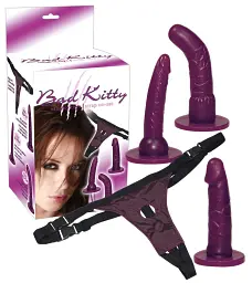 Страпон Bad Kitty Strap-on + 3 ділдо (фіолетовий) - мініатюра 7