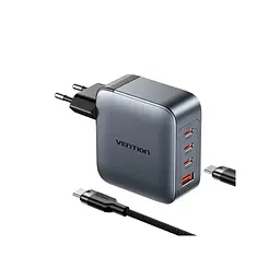 Зарядний пристрій Vention 3xUSB-C PD 100 Вт + 1xUSB QC 3.0 30 Вт GaN + кабель USB-C — USB-C 1.0 м сірий (TZ-FETH0-EU) - мініатюра 2