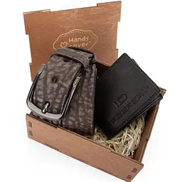 Подарунковий чоловічий набір №105 (ремінь та обкладинка) коричневий в коробці