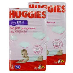 Набор трусиков-подгузников для девочек Huggies Pants 3 (6-11 кг), 116 шт. (2 уп. по 58 шт.)