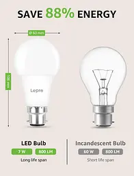 Лампочка Lepro Dimmable Bayonet, 60 Вт еквівалент, теплий білий 2700 K, 7W 800 люмінні лампочки Bayonet, BC A60 GLS - мініатюра 3