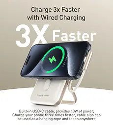 УМБ Choetech Magnetic Wireless 10000mAh 20W PD USB-C In/Out, Qi-15W,buid-in cabel White - мініатюра 5