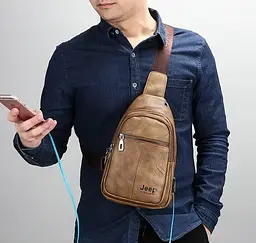 Сумка слінг чоловіча нагрудна з портом USB Темно-коричнева (636) - мініатюра 2