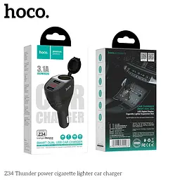 Зарядний адаптер розгалужувач для авто HOCO Thunder Power Cigarette Lighter with display Z34 чорний - мініатюра 2