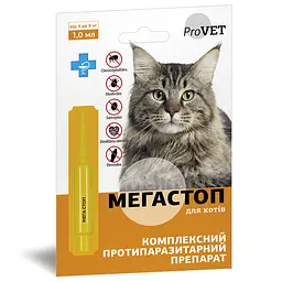 Краплі на холку для котів ProVET Мега Стоп від 4 до 8 кг 1 піпетка від зовнішніх та внутрішніх паразитів