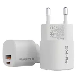 Мережевий зарядний пристрій ColorWay ColorWay GaN 3, білий, 33 Вт, 1xType-C (PD 3.0) / 1xUSB (QC 3.0), Auto ID (CW-CHS043PD-WT)