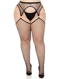 Панчохи Leg Avenue Stokings with O-ring Attached Garter Belt, 1X/2X, чорні, у сітку, імітація пояса - мініатюра 1