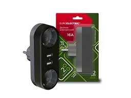 Розгалуджувач-перехідник EUROELECTRIC 2 гнізда+2USB чорний із заземленням X2, 16A