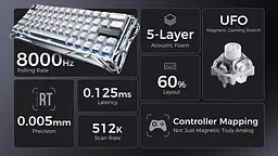 Клавиатура GravaStar Mercury V60 Pro 60 keys Blackcore 8K USB-A RGB Chrome Silver (GSV60PRO_XTAL_SLV) - миниатюра 9