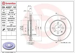 Диск гальмівний передній вентильований Honda City V, Jazz I-II 01-20р Brembo (09.A357.10)