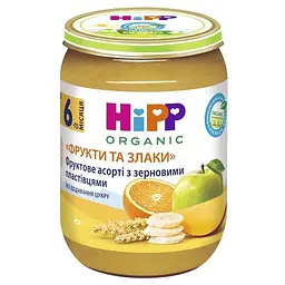 Органічне пюре HiPP Фрукти і злаки Фруктове асорті з зерновими пластівцями, 190 г