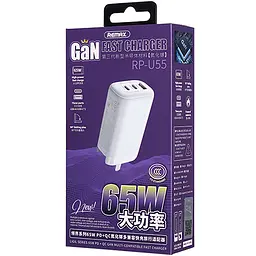 Зарядний пристрій Remax Ligil Series 65W PD+QC GaN 2C1A RP-U55 EU - мініатюра 2