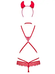 Еротичний костюм чортика зі стреп Obsessive Evilia teddy red S/M, боді, чокер, накладки на соски, обруч з ріжками - мініатюра 6