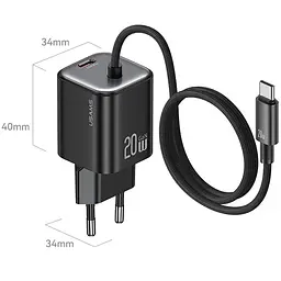 МЗП Usams US-CC261 GaN JC Ser. 20W (2USB-C) + кабель Type-C to Type-C Black - мініатюра 3