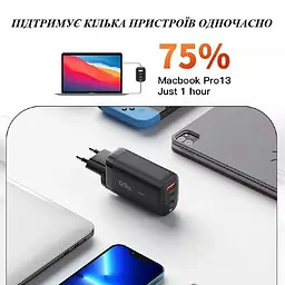 Зарядний пристрій Essager ES-CD23 Gan 65 W (3 порти 1 USB + 2 Type-C) адаптер блок чорний - мініатюра 3