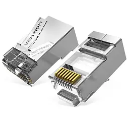 Экранированные сетевые штекеры Vention 50 шт + 50 направляющих коннекторы RJ45 Cat.6A FTP 10 Гбит/с для жил 23–26 AWG для одножильных и многожильных проводов позолоченные контакты прозрачные (IDFR0-50)