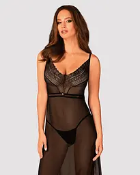 Прозора довга сорочка Obsessive Estiqua, асиметричний крій, чорна, XL/2XL
