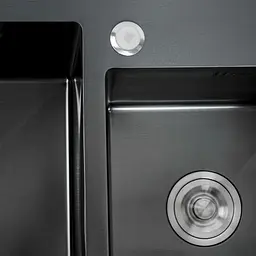Кухонна мийка 78x43 PVD чорна на дві чаші Platinum Handmade HDB (круглий сифон, 3.0/0.8), Чорний - мініатюра 4