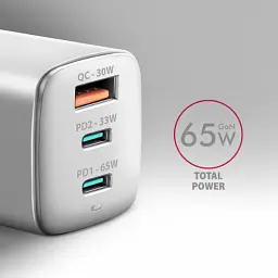 Зарядний пристрій AXAGON 1xUSB + 2xUSB-C 65W QC4+ PD3.0 PPS white (ACU-DPQ65W) - мініатюра 3