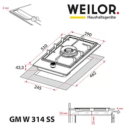 Поверхня газова Domino на металі WEILOR GM W 314 SS - мініатюра 10