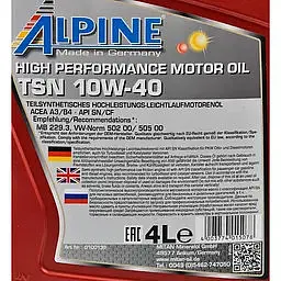 Олива моторна напівсинтетична Alpine TSN 10W-40 API SN/CF A3/B4-08 MB 229.3, VW 502 00/ 505 00 4 л (23466) - мініатюра 2