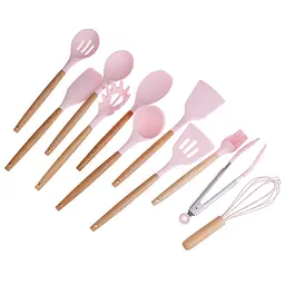 Кухонний набір Silikone Kitchen Set рожевий з силікону з бамбуковою ручкою з 12 предметів - мініатюра 2