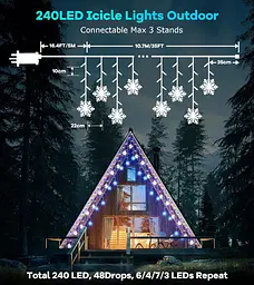 Вулична гірлянда Icicle Outdoor зі сніжинкою, 10,7M/35Ft 240LED Під'єднувані Icicle Lights Waterproof, 8 режимів і 3 таймери - мініатюра 4