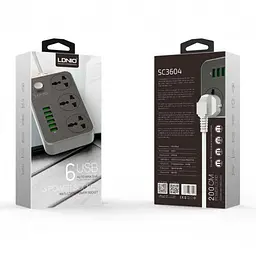 Розетка-удлинювач мережі фільтр LDNIO SC3604 на 3 розетки + 6 USB 3.4A - мініатюра 6