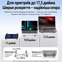 Складная подставка для ноутбука UGREEN LP451 до 17,3″ 5 уровней регулировки высоты высота от 68 до 148 мм с автоматической фиксацией положения с силиконовыми накладками против скольжения и царапин с открытой конструкцией нагрузка до 5 кг также для планшетов до 17,3″ космический серый (90312) - миниатюра 3