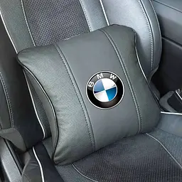 Подушка на підголівник з логотипом BMW Екошкіра 3D Кольоровий лого Чорна-Чорний кант 1 шт