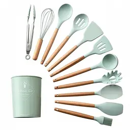Набір кухонного приладдя Kitchen Set 12 предметів, силіконовий бірюзовий, з дерев’яними ручками - мініатюра 2