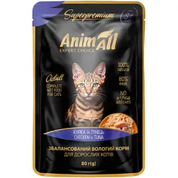 Вологий корм для котів AnimAll Cat Adult Chicken & Tuna з куркою та тунцем у желе 80 г