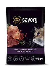 Вологий корм Savory Sterilised для стерилізованих кішок з ягням та журавлиною (шматочки в соусі) 85 г