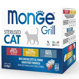 Набір консервів для кішок Monge Cat GRILL MIX STERILISED мікс 3 смаки: телятина/півник/форель 12 шт. по 100 гр